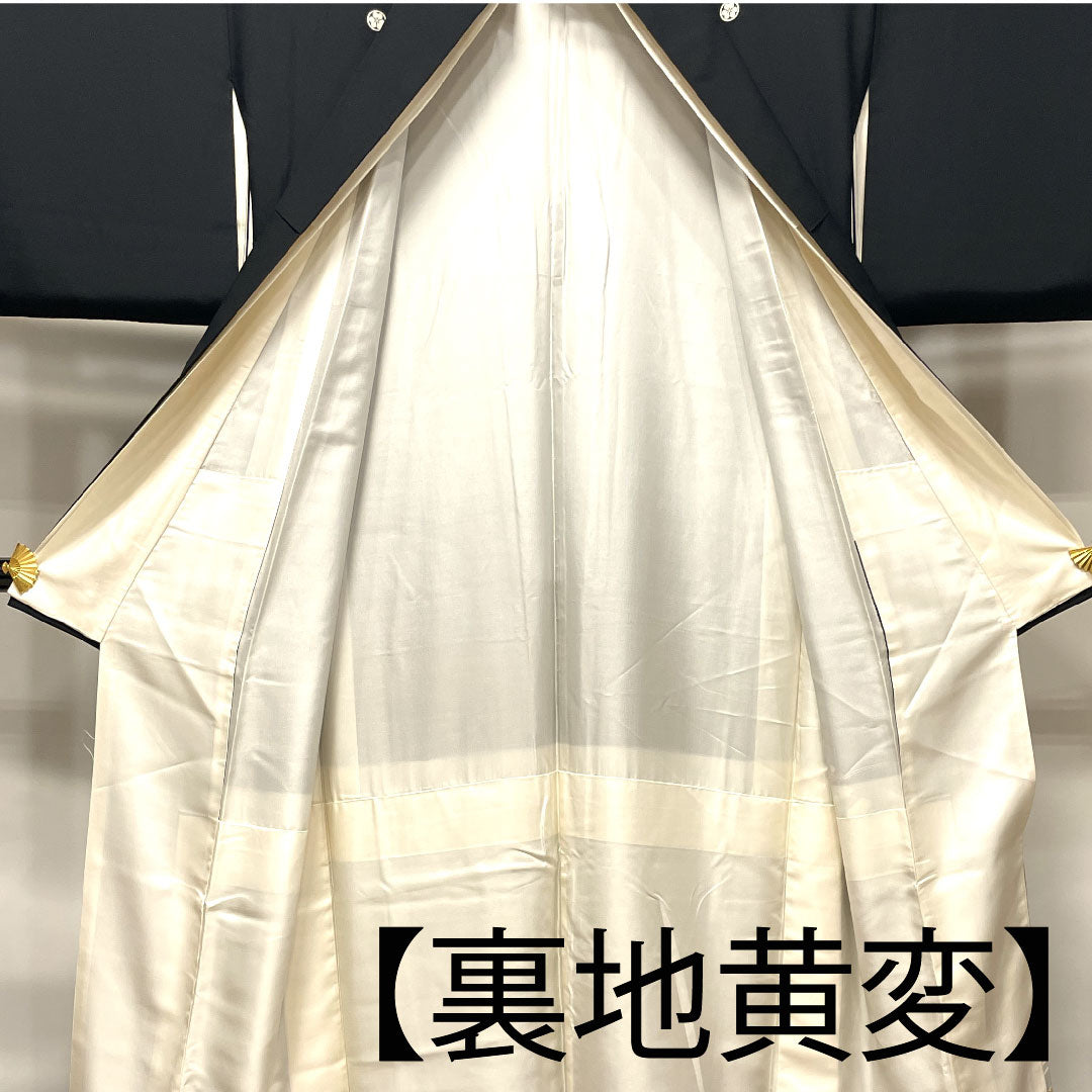 Black Tomesode, Length 166cm, Sleeve Length 66.5cm, Awase, Kyoto Yuzen, Floral Pattern, Katabami, Pure Silk, A Rank, Five Crests, Black, 1111000743510