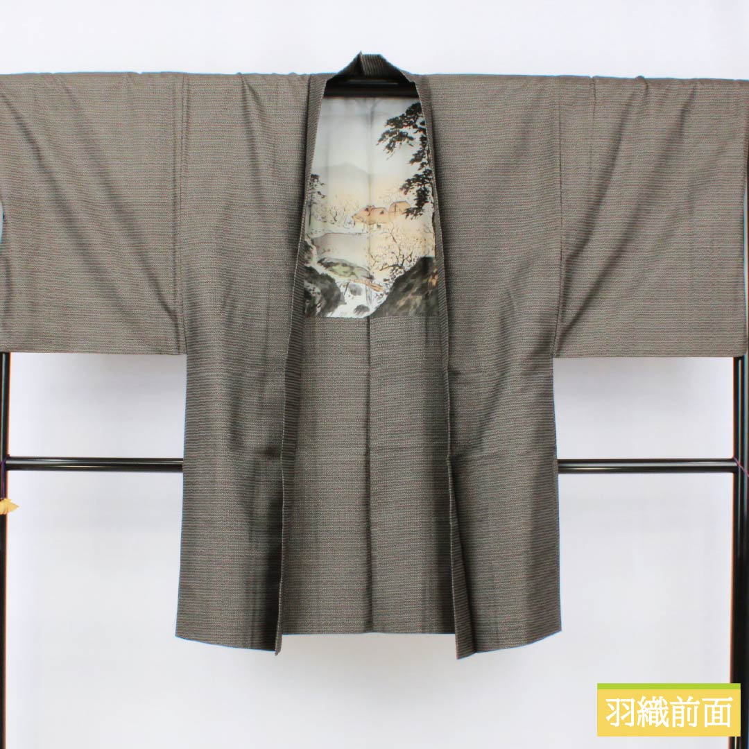 男物 正絹 Aランク 身丈145.5cm 裄丈68.5cm 大島紬 100亀甲 アンサンブル 袷 黒系 1119001483410