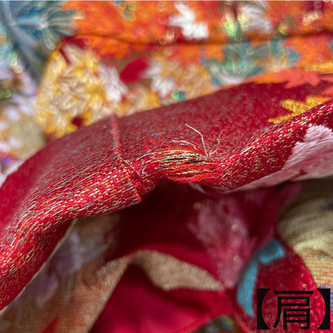 色打掛 正絹 身丈193cm 裄丈65cm  唐織 鶴 松 桜 鴛鴦 Aランク 袷 朱系 1110000713916