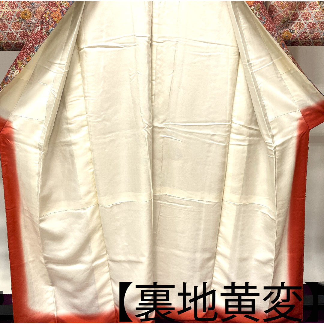 小紋 身丈163.5cm 裄丈64cm 袷  小豆色 草花模様  正絹 Aランク 赤系 1115003293412