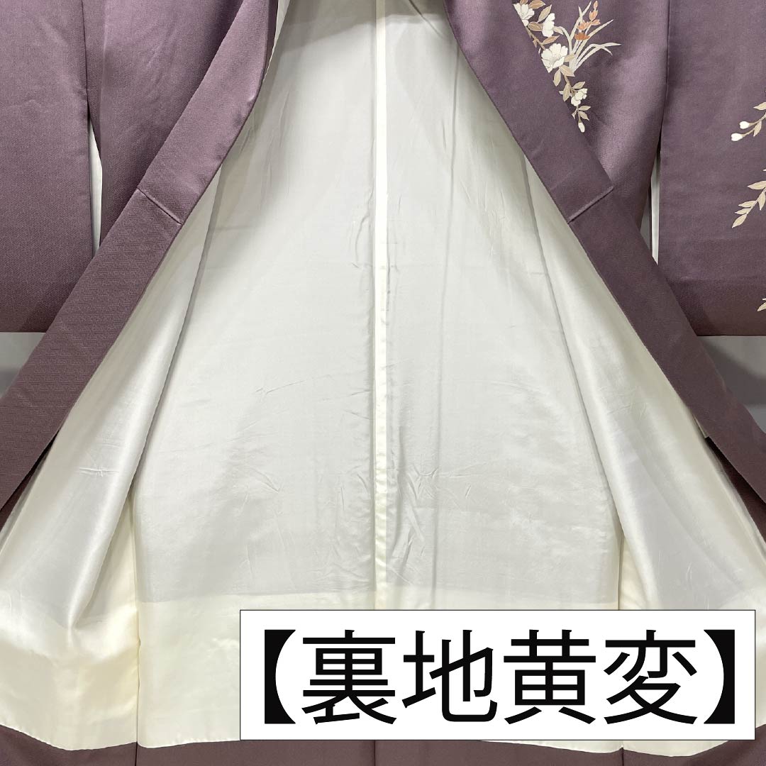 Formal kimono, pure silk, rank B, lined, length 164cm, sleeve to sleeve 64.5cm, reddish gray, Kyo-Yuzen, one crest, plants, purple tones, 1112007044420