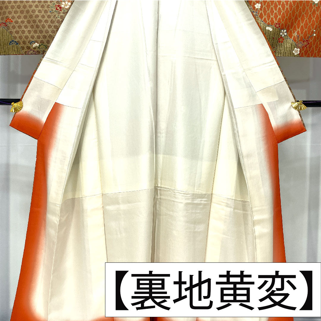 Homongi, pure silk, lined, length 157cm, sleeve length 63.5cm, Kyoto Yuzen, pine, bamboo and plum, S rank, brown, 1112005482314