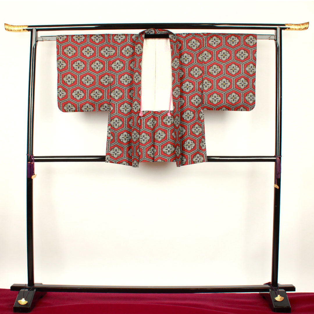 Murayama Oshima Length 151.5cm Sleeve length 62cm Dark red ensemble Tortoiseshell and plum Pure silk A rank Awase Red 1116001633212