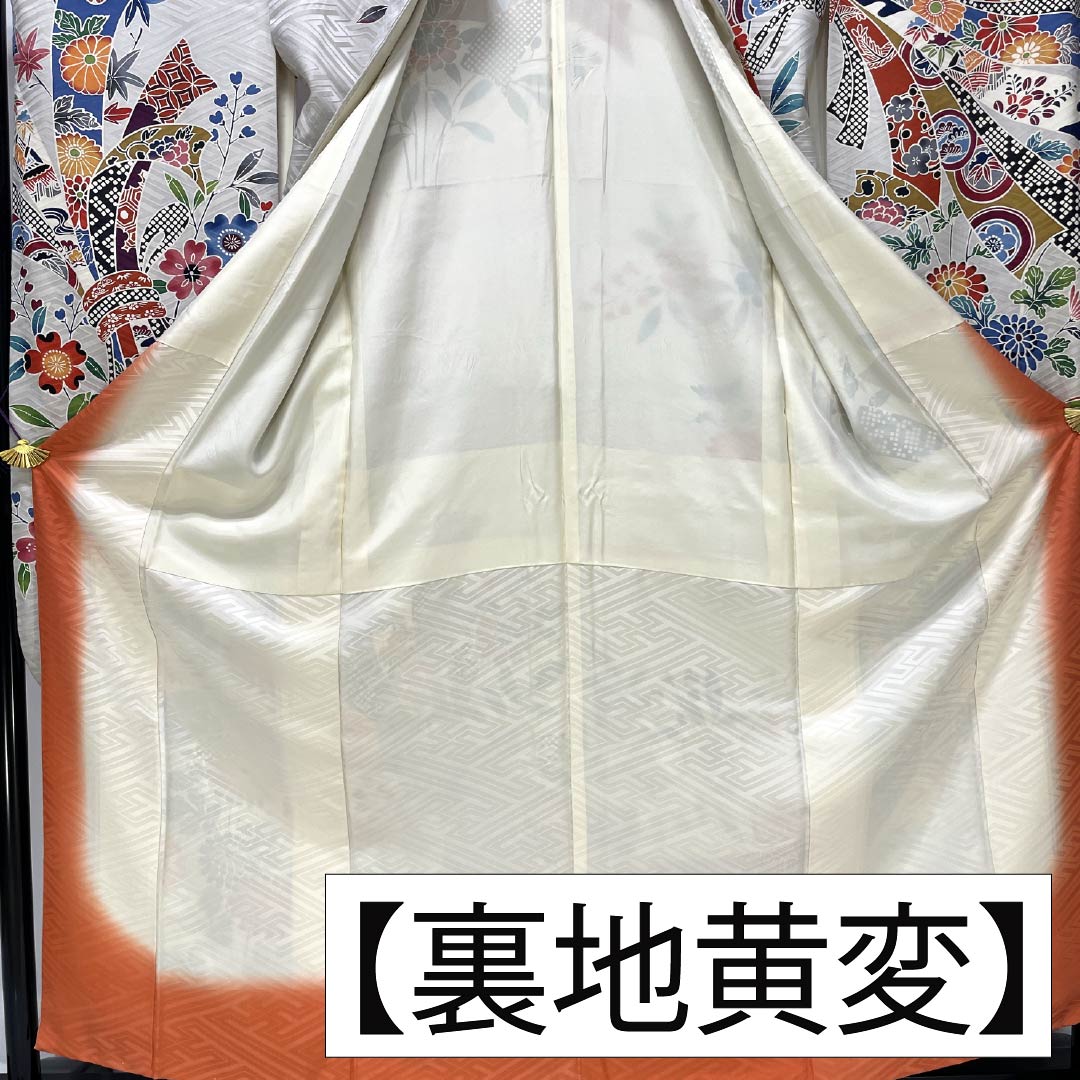 振袖 正絹 Sランク 身丈160.5cm 裄丈64cm 袷 銀白色（ぎんはくしょく） 京友禅 束ね熨斗 紗綾形 グレー系 1113002462422
