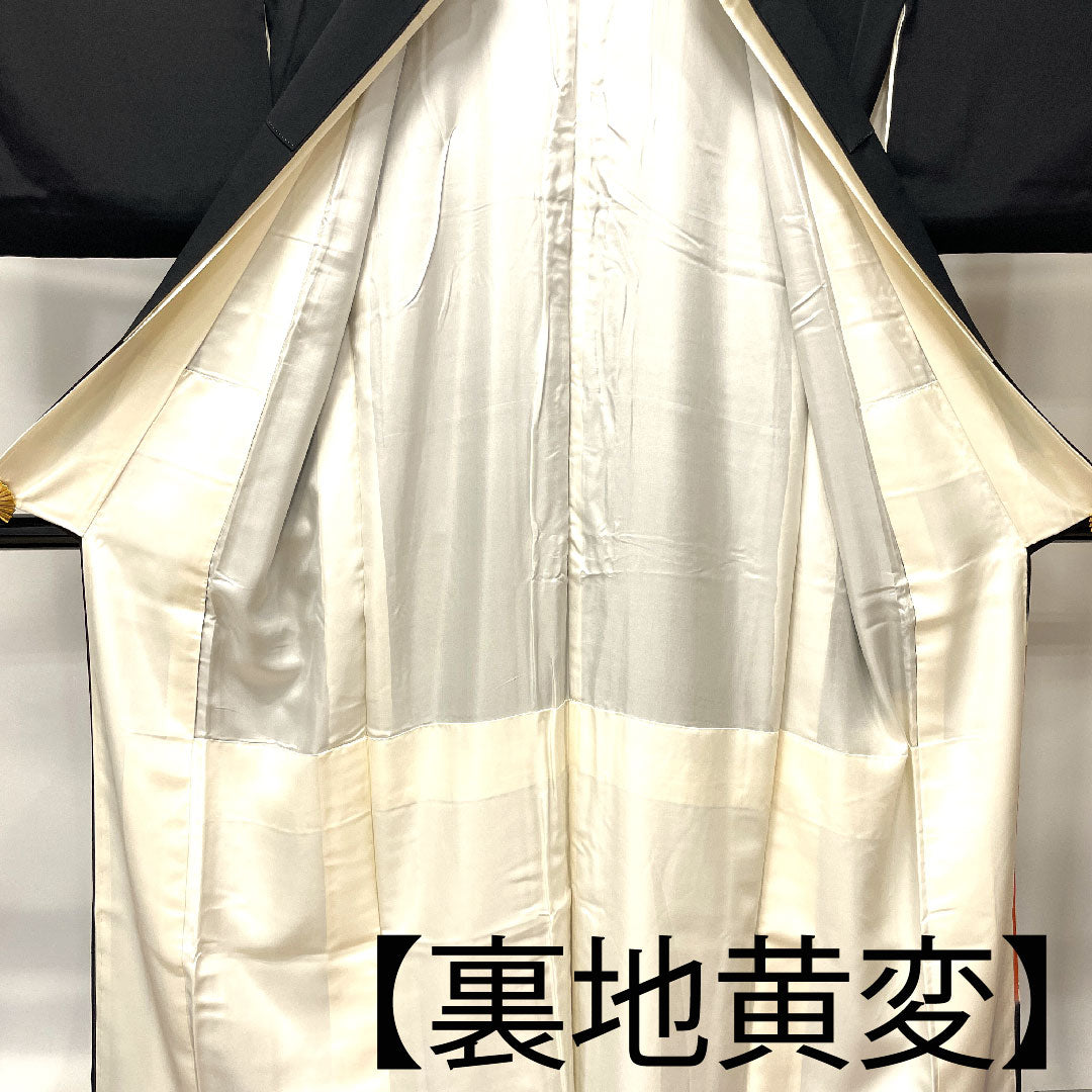 Black formal kimono, length 159.5cm, sleeve length 63cm, lined, Kyoto Yuzen, auspicious motif, circle and bottles, pure silk, A rank, five crests, black, 1111000843310