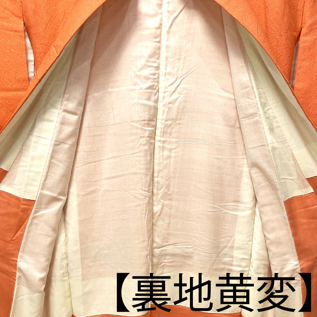 色無地 正絹 中紅色 折目雁木扇  身丈153.5cm 裄丈64.5cm 袷  Aランク ピンク系 1114000723213