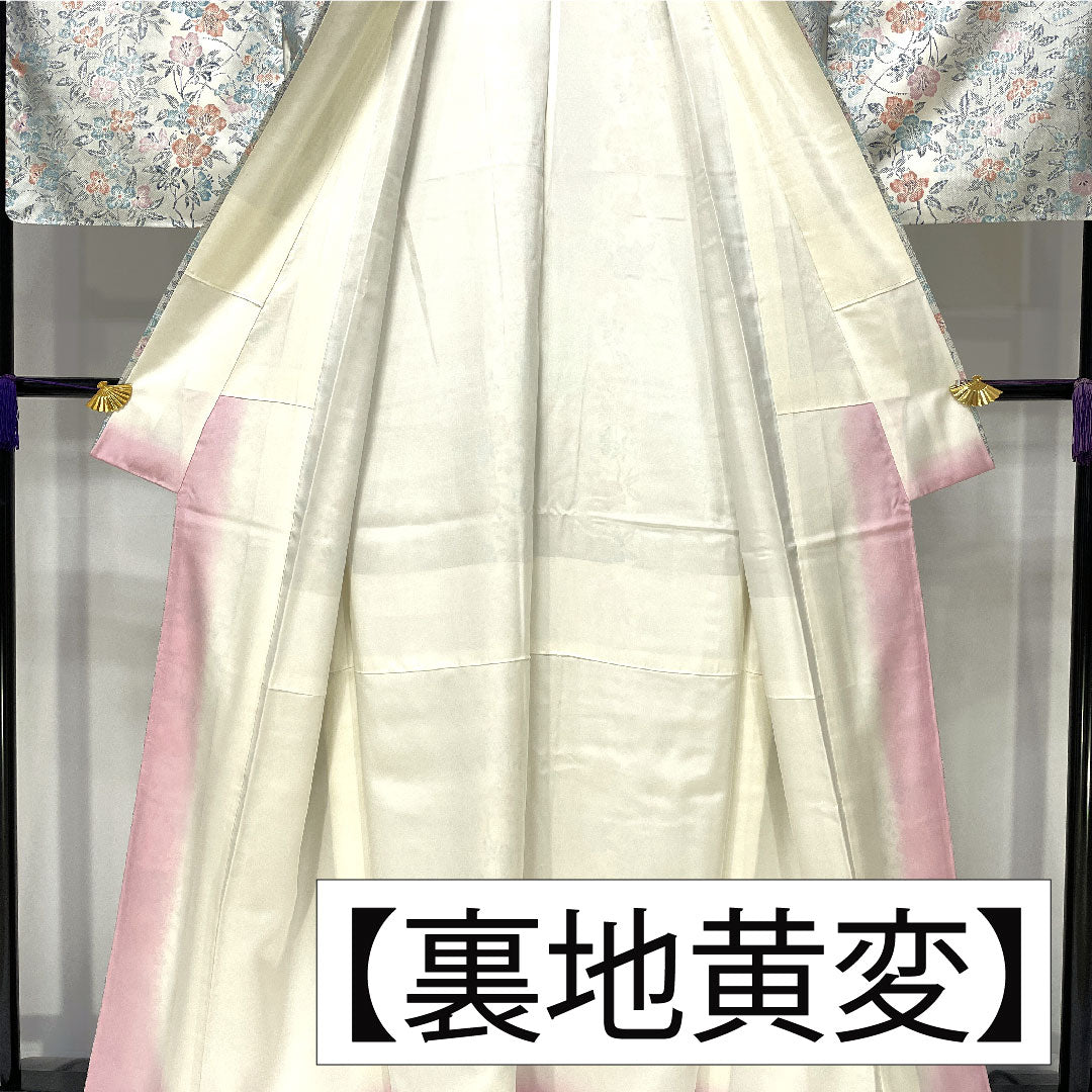 小紋 ポリエステル 身丈165cm 裄丈66cm 袷 胡粉色（ごふんいろ） 洗える着物 草花模様 Aランク グレー系 1115004513522