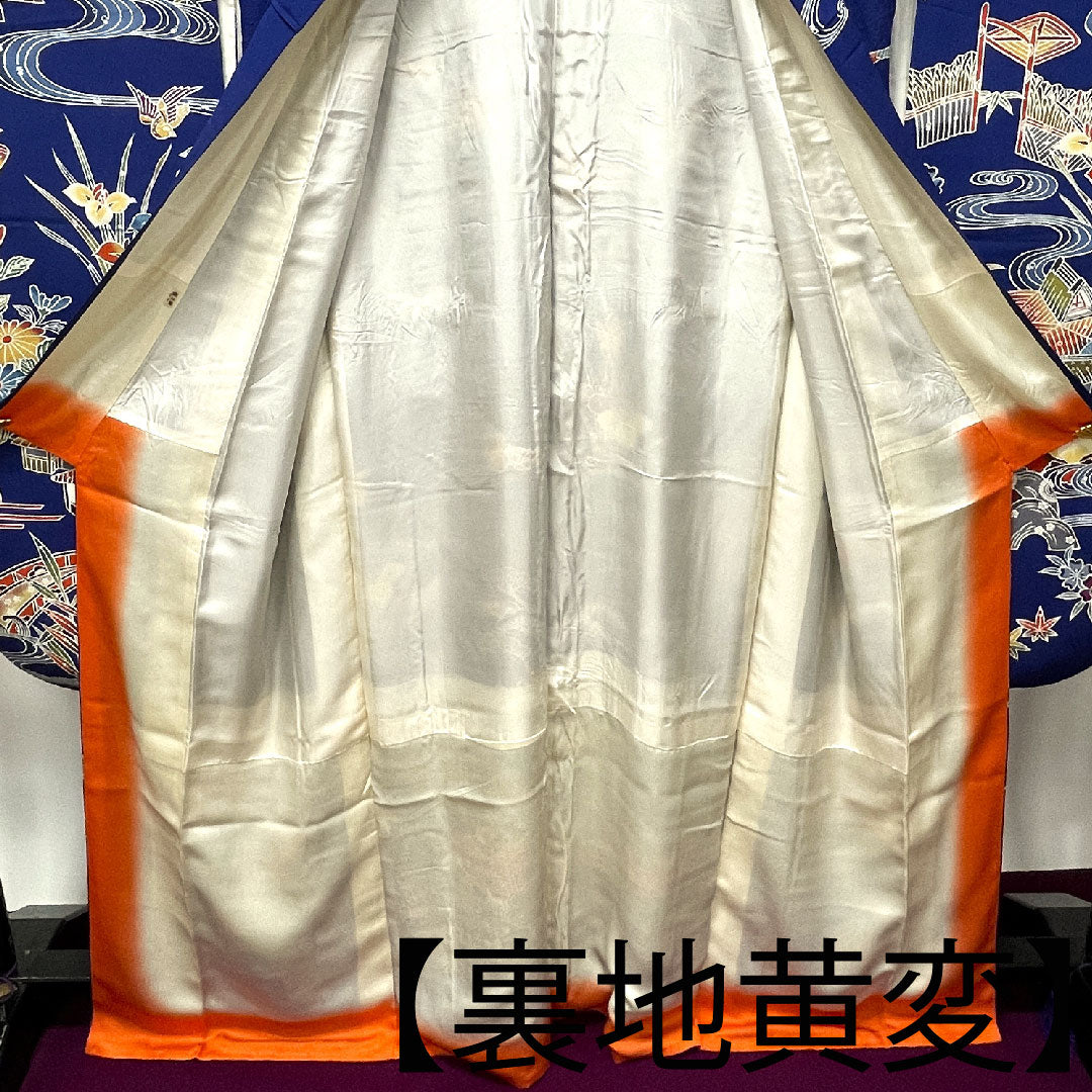 振袖 身丈167.5cm 裄丈68cm 袷  瑠璃色 京紅型 吉祥文様  正絹 Aランク 紺系 1113001773518