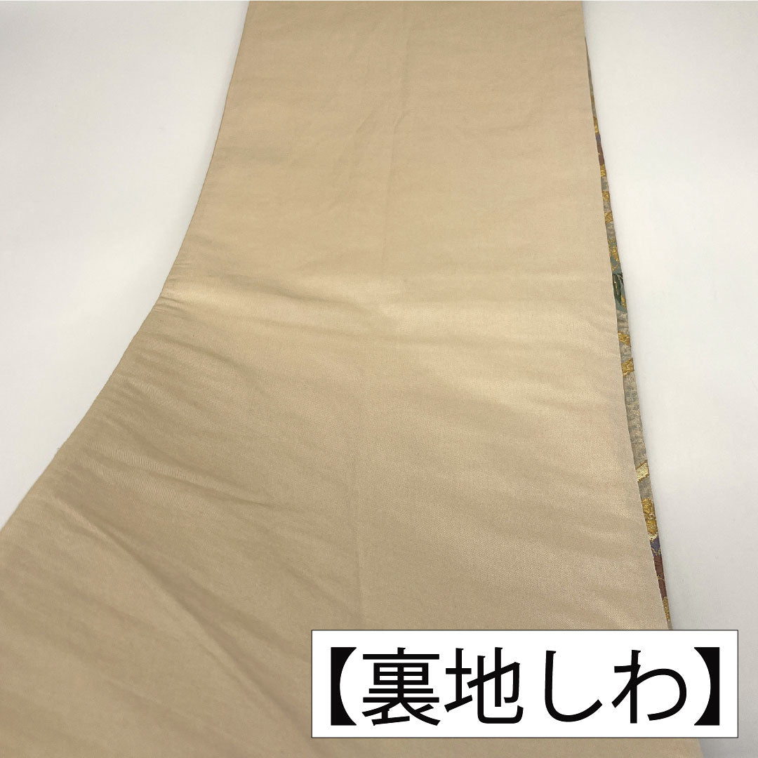 袋帯 正絹 Aランク ななめ格子 西陣織 花丸   帯丈426cm 六通 フォーマル ベージュ系 1123017353325
