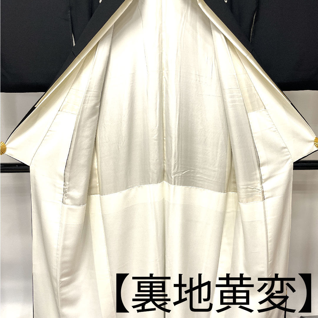 Black Tomesode, Length 154.5cm, Sleeve Length 62cm, Awase, Kyoto Yuzen, Landscape Pattern, Thread Ring and Peeking Mokko, Pure Silk, A Rank, Five Crests, Black, 1111000883210