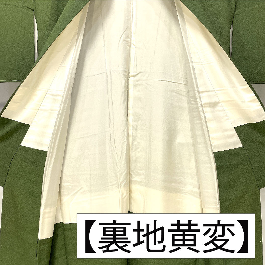 色無地 正絹 身丈157.5cm 裄丈67cm 青丹色（あおにいろ） 素無地 一つ紋 糸輪に違い鷹の羽 袷 Aランク 緑系 1114002113319