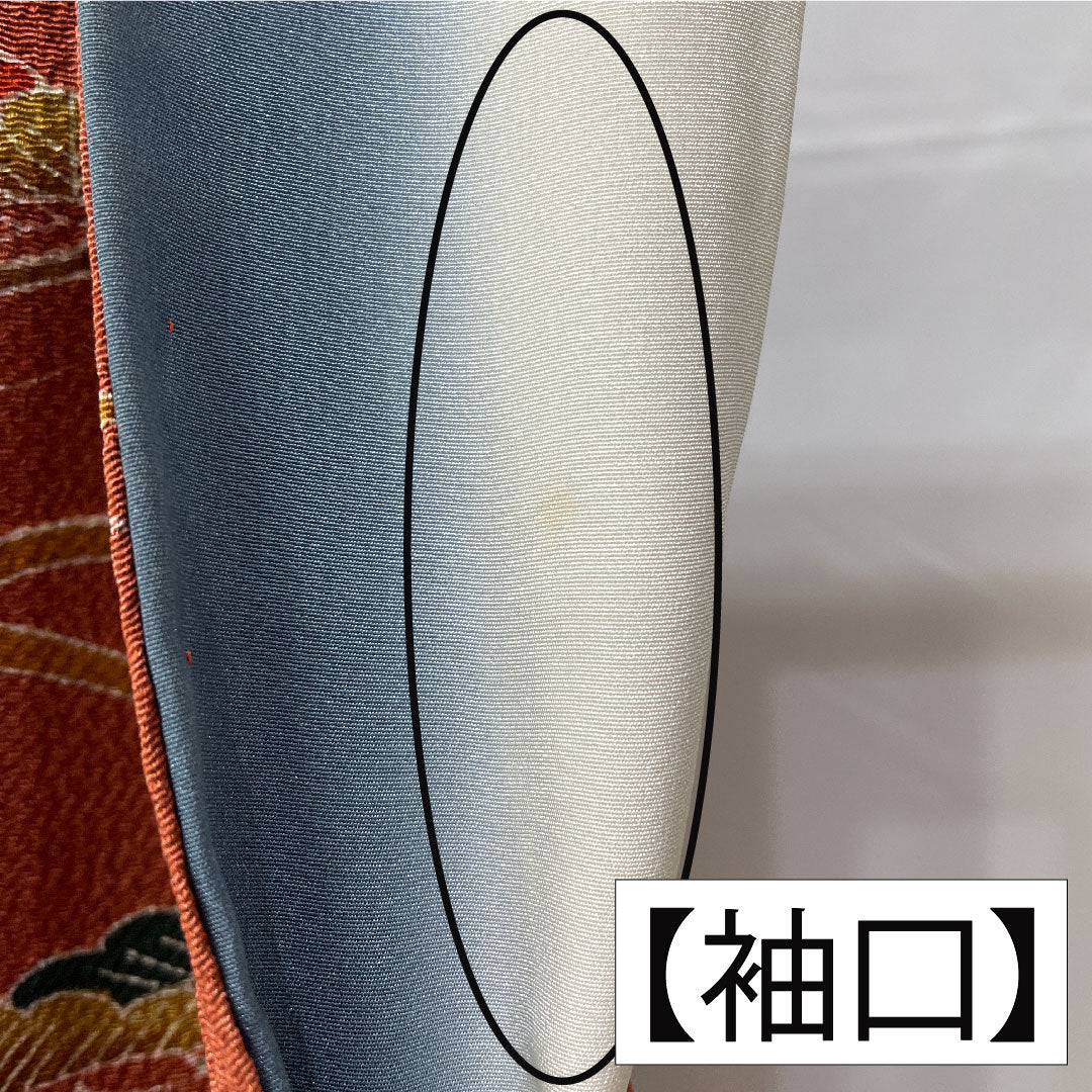 訪問着 正絹 袷 身丈165.5cm 裄丈65cm 弁柄色（べんがらいろ） 京友禅 茶屋辻風景模様 ちりめん地 Aランク 朱系 1112005923516