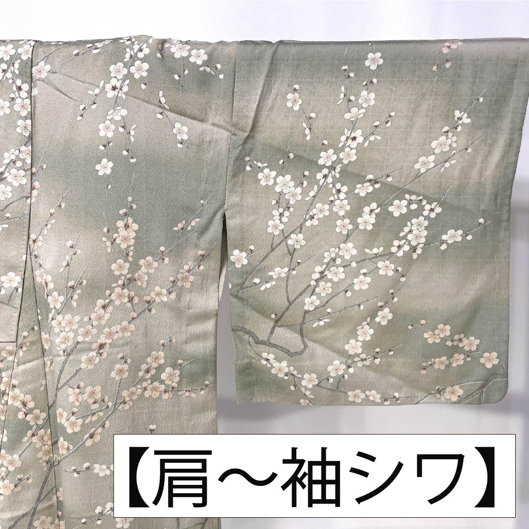 小紋 ポリエステル Sランク 身丈161cm 裄丈66cm 単衣 遠州鼠色（えんしゅうねずいろ） 型染 ぼかし染 桜 洗える着物 ベージュ系 1115007802425