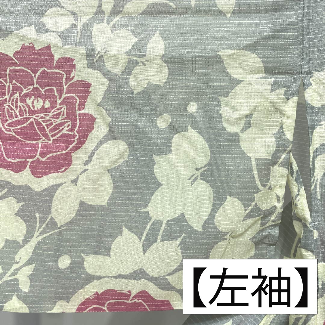 (Brand new, unused) Yukata (casual kimono) made of polyester, length 162.5cm, sleeve length 66.5cm, new rank, single layer, grayish-gray, light ink color (usuzumiiro), floral print, buttons, product number 1118005701422