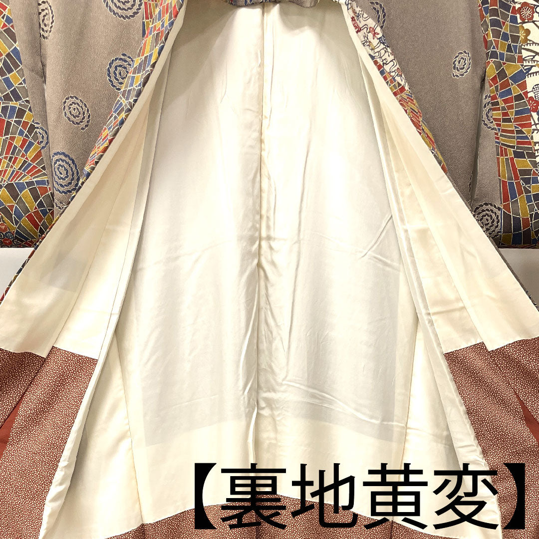 小紋 正絹 身丈154.5cm 裄丈64cm 袷  壁鼠色 京紅型 抽象模様   Aランク グレー系 1115003513222