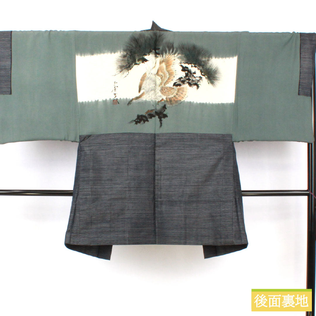 Men's Pure Silk A-Rank Oshima Tsumugi Kimono, Length 147cm, Sleeve Length 68cm, Double Kasuri Pattern, with Haori Cord, Navy Blue, Item Number 1119001603418