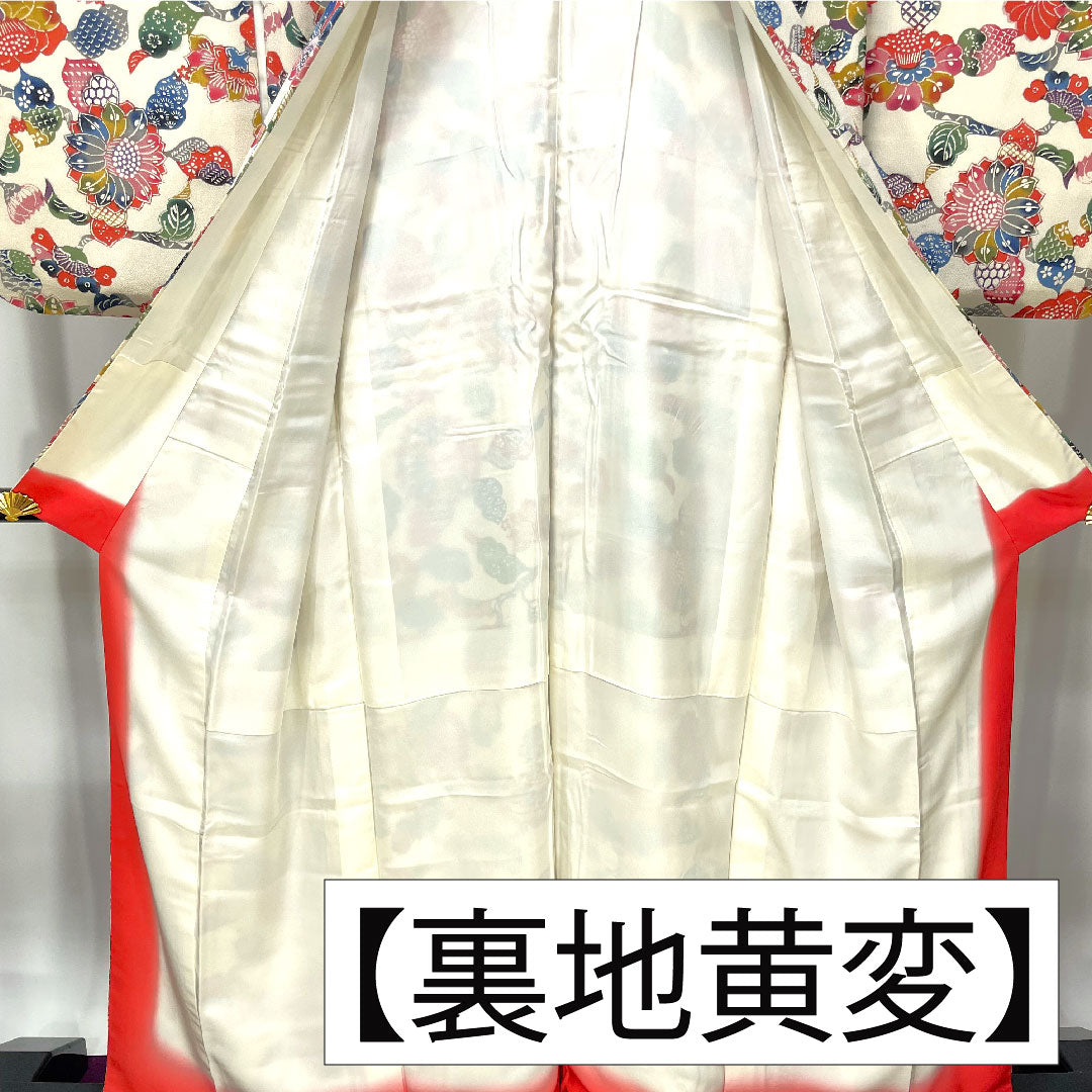 Komon, pure silk, length 158cm, sleeve length 62cm, lined, milky white, Kyoto Bingata, floral pattern, A rank, cream color, 1115004293315