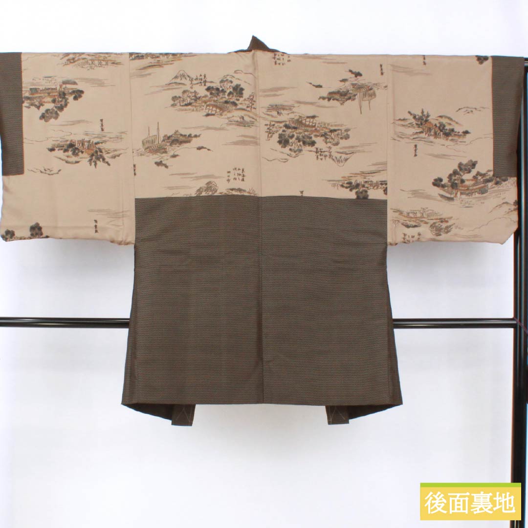 男物 正絹 Sランク 身丈136.5cm 裄丈66cm 煤色（すすいろ） 亀甲 しつけ糸付き アンサンブル 袷 茶系 1119001412314