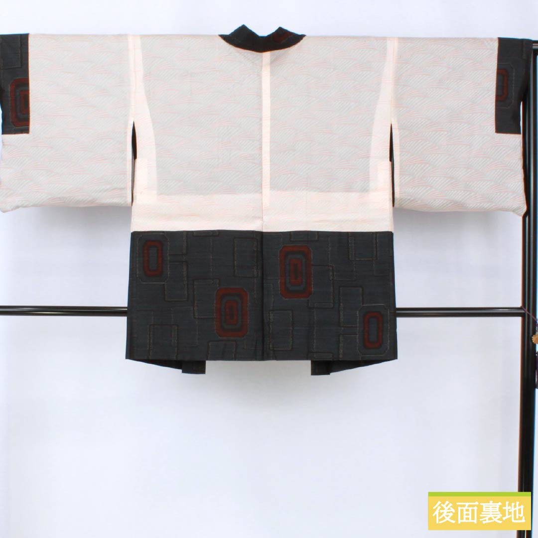 Pure silk tsumugi (pongee) kimono, S rank, length 163cm, sleeve length 65cm, Oshima tsumugi ensemble, double horizontal kasuri pattern, geometric pattern, lined, navy blue, product number 1116004342418