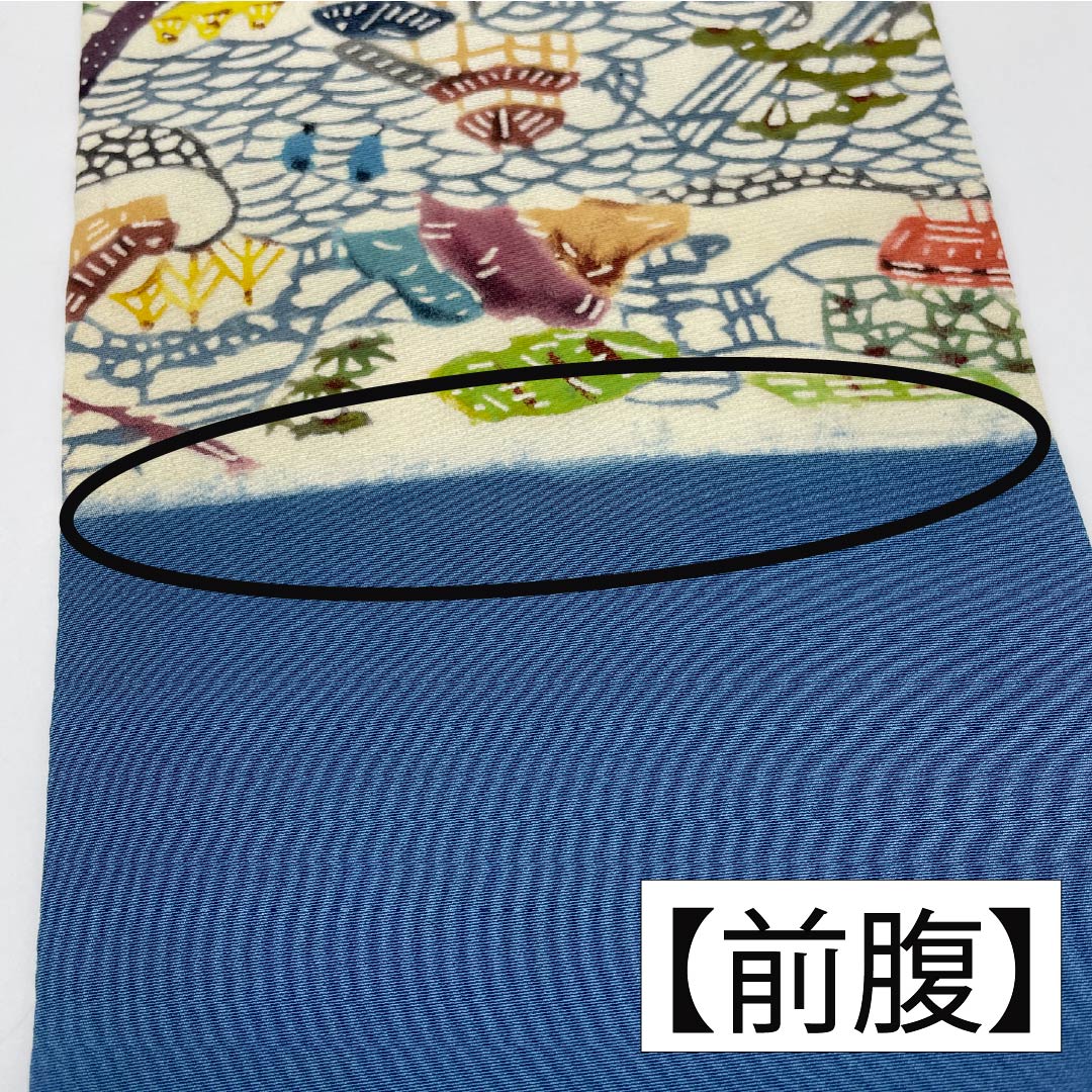 Nagoya Obi, Pure Silk, Grade A, Natural Color (Kinari-iro), Stencil Dyed with Bingata-inspired Landscape Pattern, Length 371cm, Six-fold, Casual, Cream-toned, Product Number 1124010593315, Nagoya Style
