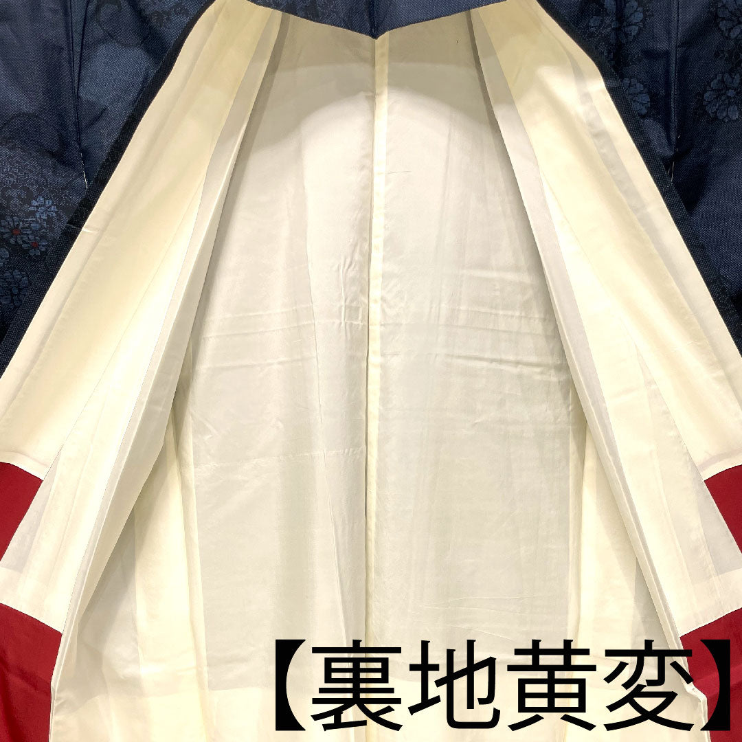 Tsumugi, pure silk, length 162.5cm, sleeve length 64cm, flower pattern, A rank, lined, navy blue, 1116003303418