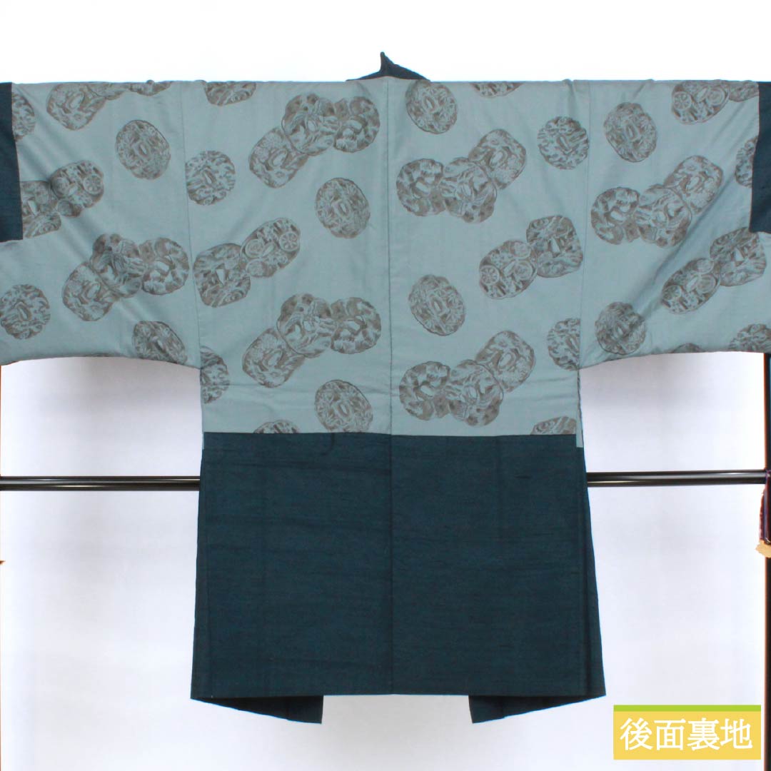 Men's Pure Silk A-Rank Kimono, Length 149cm, Sleeve Length 71cm, Indigo Iron (Aite-iro) Color, Tsumugi Fabric, Lined, Blue Tones, Product Code: 1119001263417