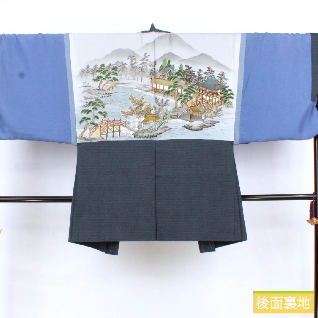 Men's pure silk S-rank kimono, length 144.5cm, sleeve length 71cm, tin-colored (shakujo-iro) pongee with basting thread, lined, gray-based. Product code: 1119001052422