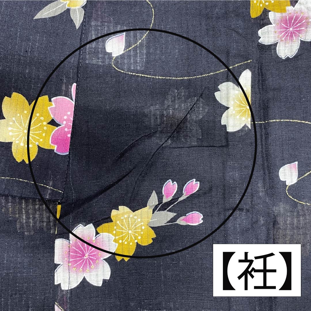 浴衣 木綿 身丈178.5cm 裄丈69cm Sランク 単衣 紺系 褐色（かちいろ） 花 桜 1118006712818