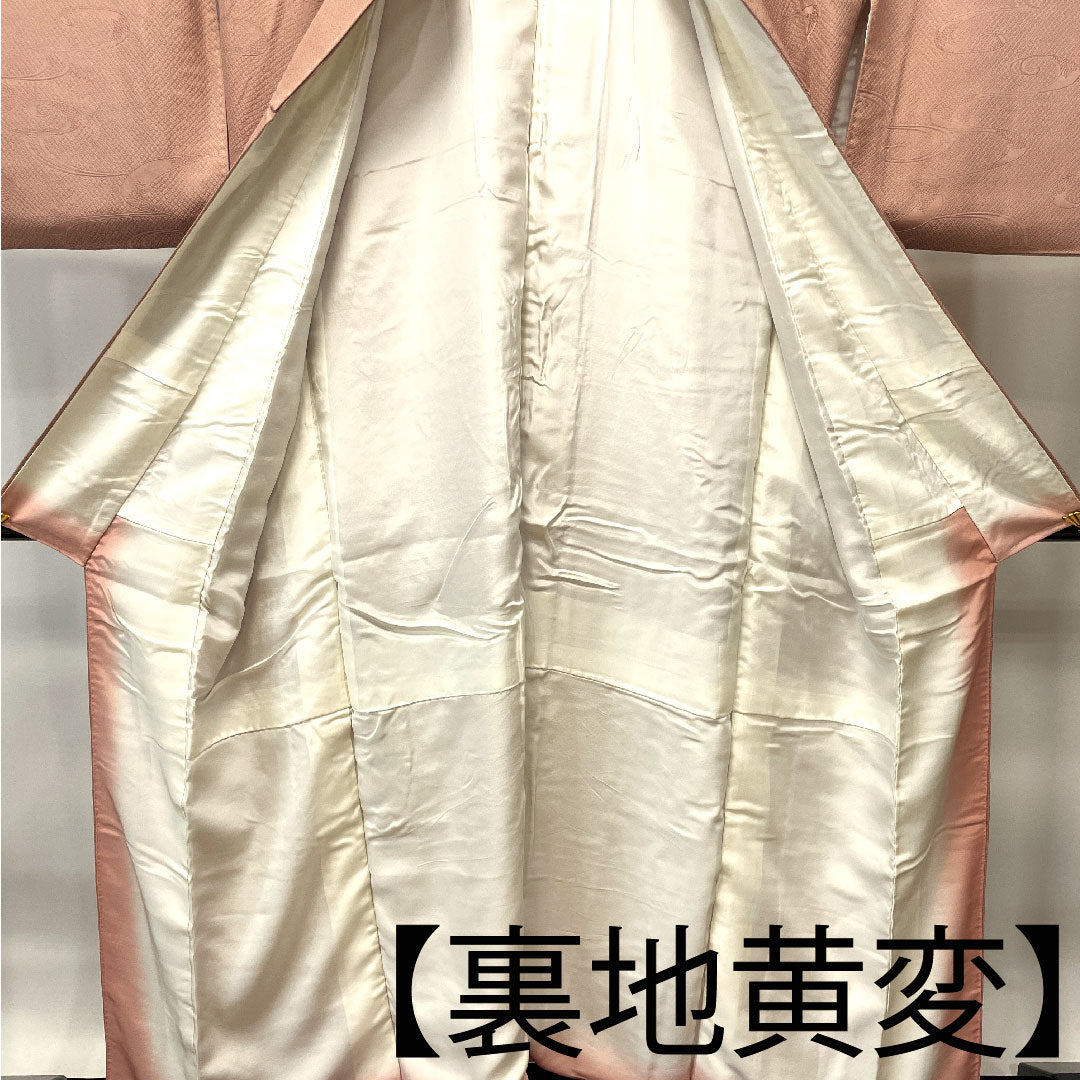 色無地 正絹 水柿色 抽象模様 下り藤  身丈152.5cm 裄丈64cm 袷  Aランク ピンク系 1114000853213