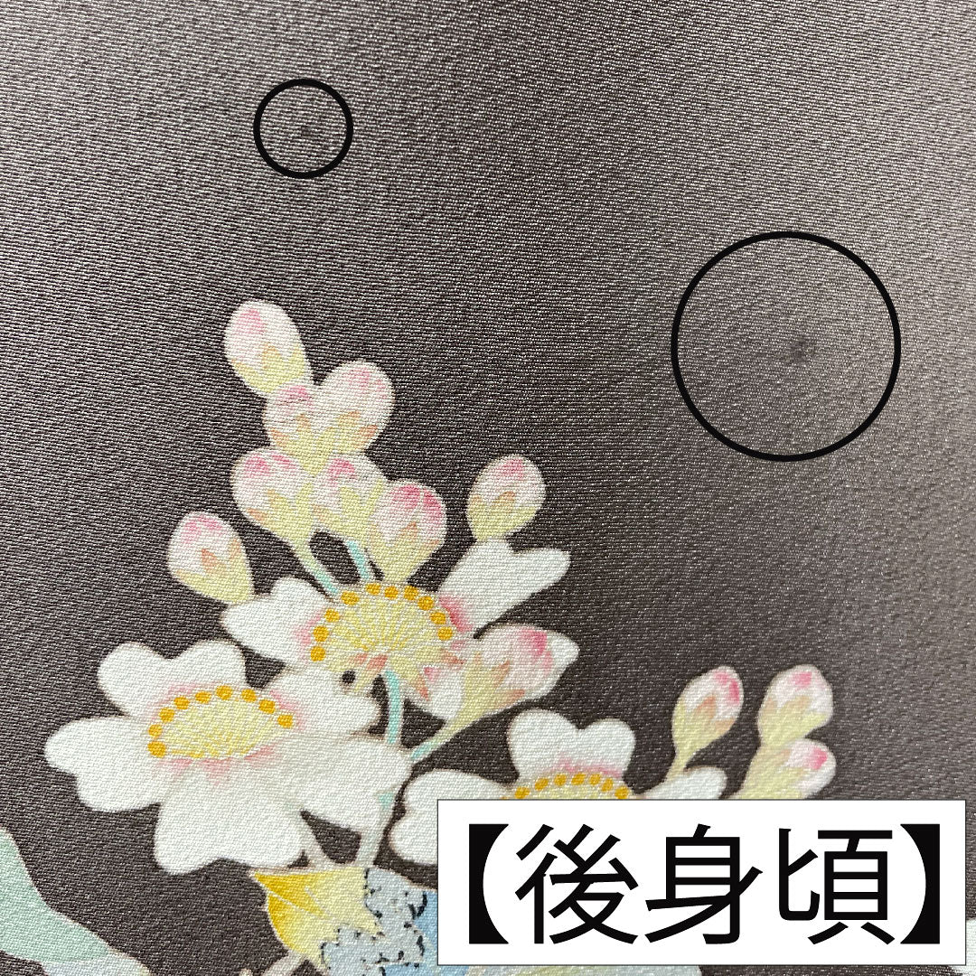 色留袖 正絹 身丈165cm 裄丈66cm 袷 梅鼠色（うめねずいろ） 本加賀友禅 柿本市郎 草花模様 三つ紋 丸に三ツ割木瓜 Bランク 三つ紋 紫系 1111001314520