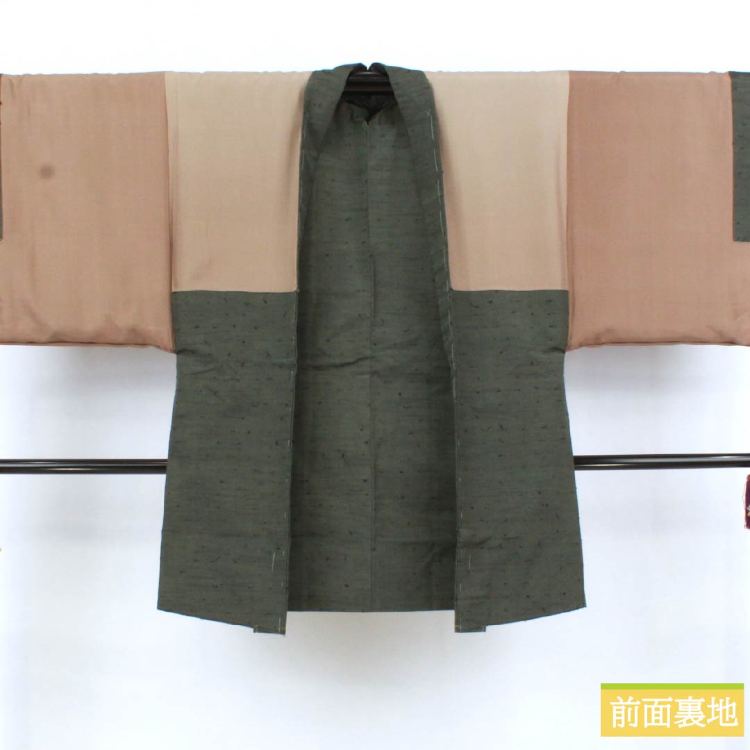 男物 正絹 Sランク 身丈142cm 裄丈71cm  鈍色（にびいろ） ひげ紬 しつけ糸付き アンサンブル 袷 緑系 1119001062419