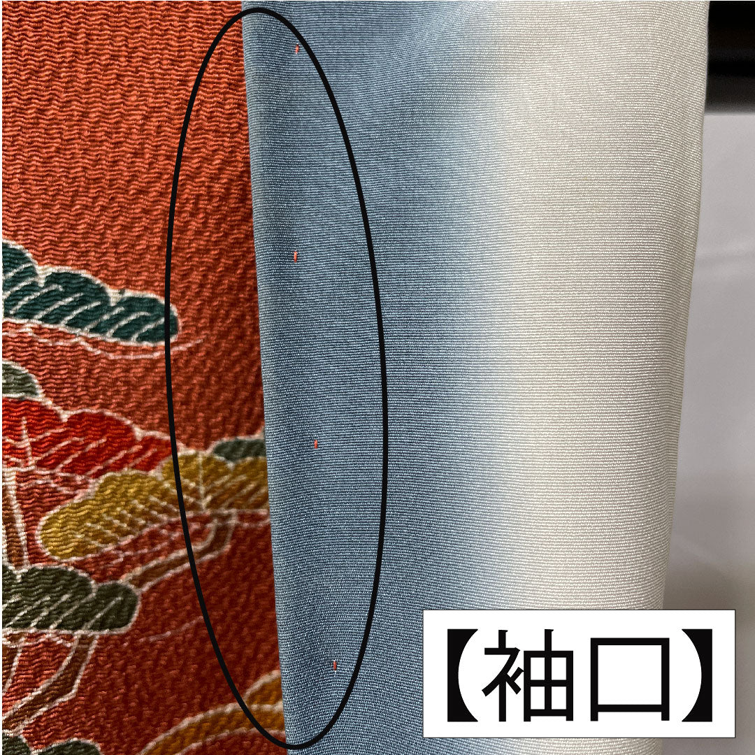 訪問着 正絹 袷 身丈165.5cm 裄丈65cm 弁柄色（べんがらいろ） 京友禅 茶屋辻風景模様 ちりめん地 Aランク 朱系 1112005923516
