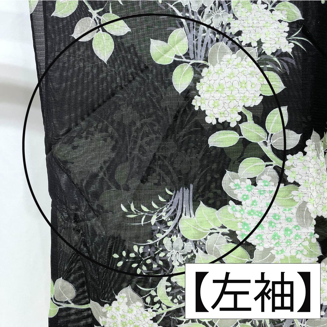Summer kimono, polyester, small pattern, length 167cm, sleeve length 63.5cm, hydrangea, iris, washable kimono, silk, A rank, black, 1132002283510