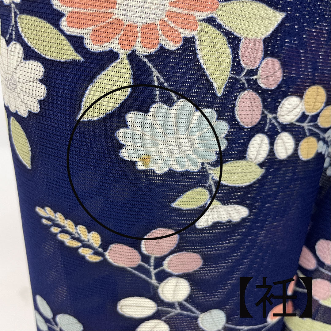 小紋 身丈159cm 裄丈62cm 絽  駒絽 花模様  正絹 Aランク 紺系 1115000743318