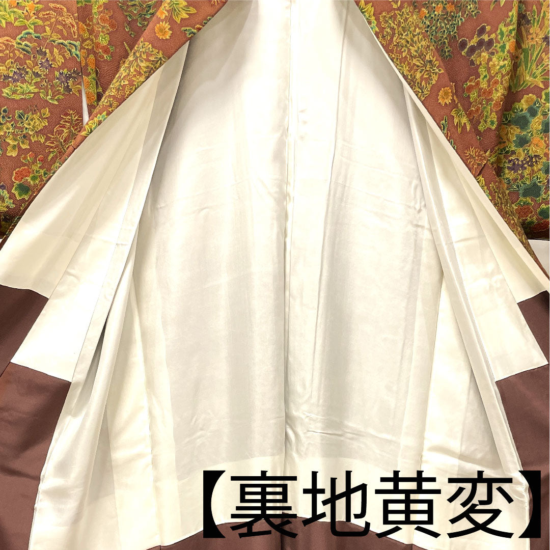 小紋 身丈154.5cm 裄丈61.5cm 袷  錆色 しつけ糸付き 草花模様  正絹 Aランク 茶系 1115003203214