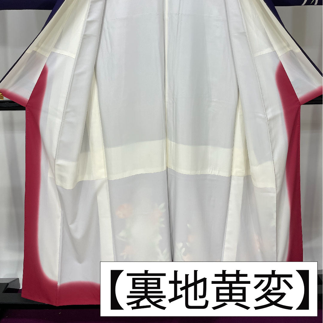 Homongi (formal kimono) made of polyester, lined, length 155.5cm, sleeve length 64.5cm, dark blue, washable, floral pattern, tsukesage, A rank, purple, 1112004233320