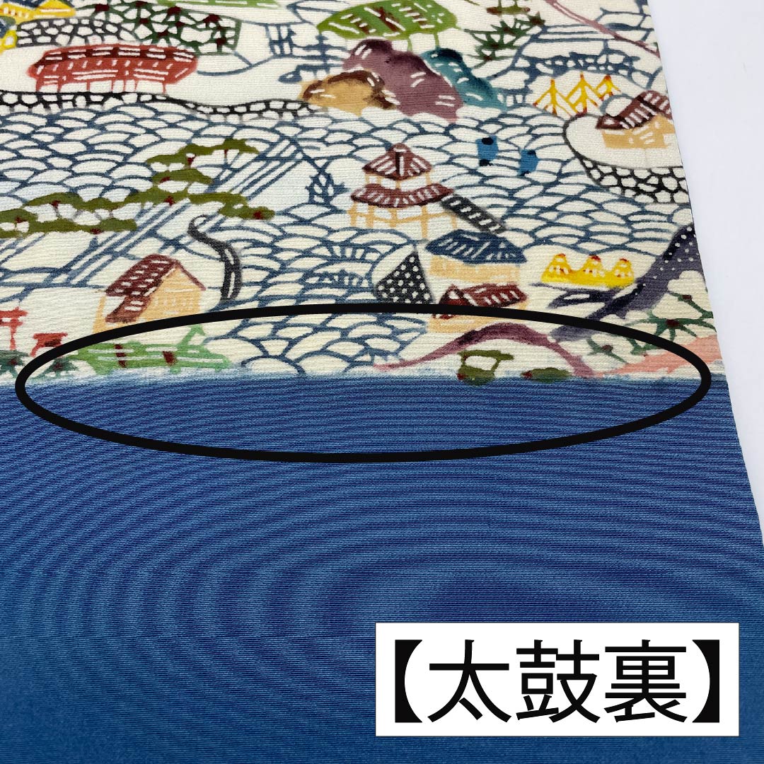 Nagoya Obi, Pure Silk, Grade A, Natural Color (Kinari-iro), Stencil Dyed with Bingata-inspired Landscape Pattern, Length 371cm, Six-fold, Casual, Cream-toned, Product Number 1124010593315, Nagoya Style