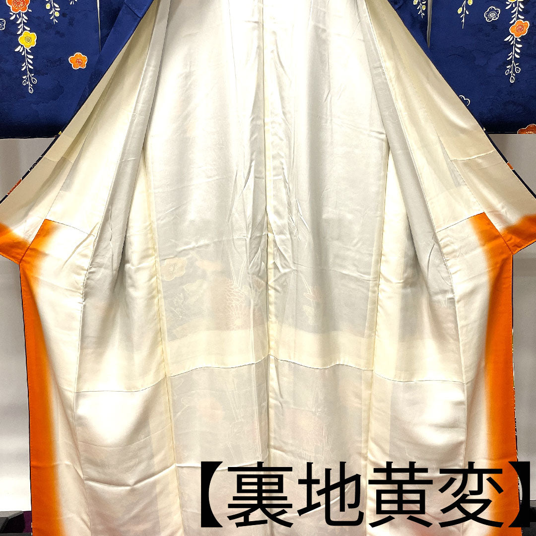Homongi, pure silk, lined, length 168cm, sleeve length 63.5cm, deep bellflower color, Kyoto Yuzen, chrysanthemum, plum, A rank, navy blue, 1112003393518