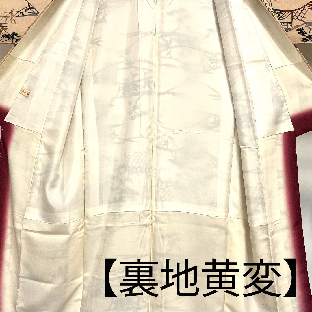 Komon, Length 165.5cm, Sleeve length 66cm, Awase, Washed persimmon color, Stencil dyeing, Landscape pattern, Pure silk, A rank, Pink 1115002093513