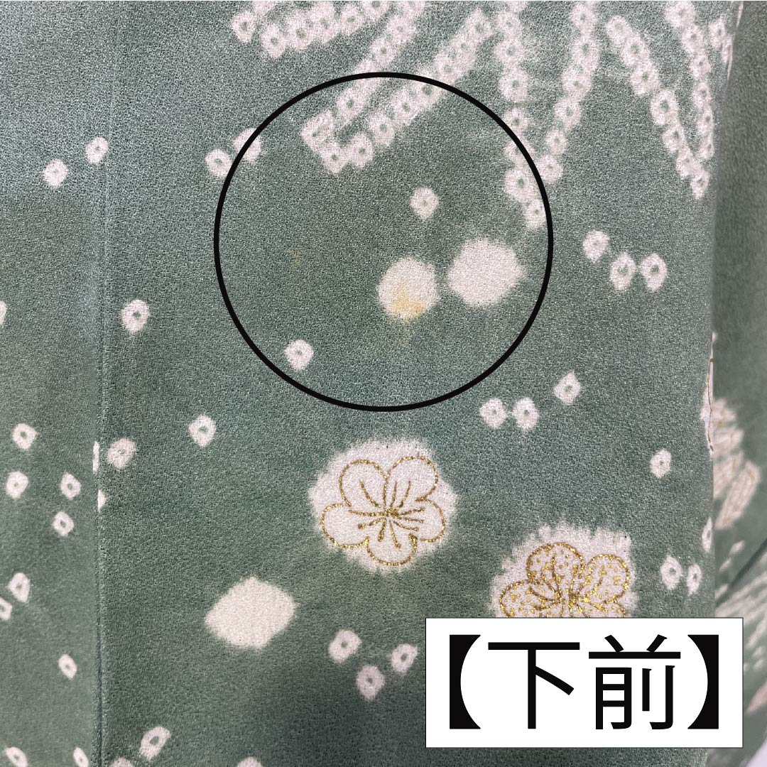 訪問着 正絹 Aランク 袷 身丈158.5cm 裄丈63cm 青磁色（せいじいろ） 一つ紋 金駒刺繍 絞り 重ね衿付き 梅 緑系 1112007333319