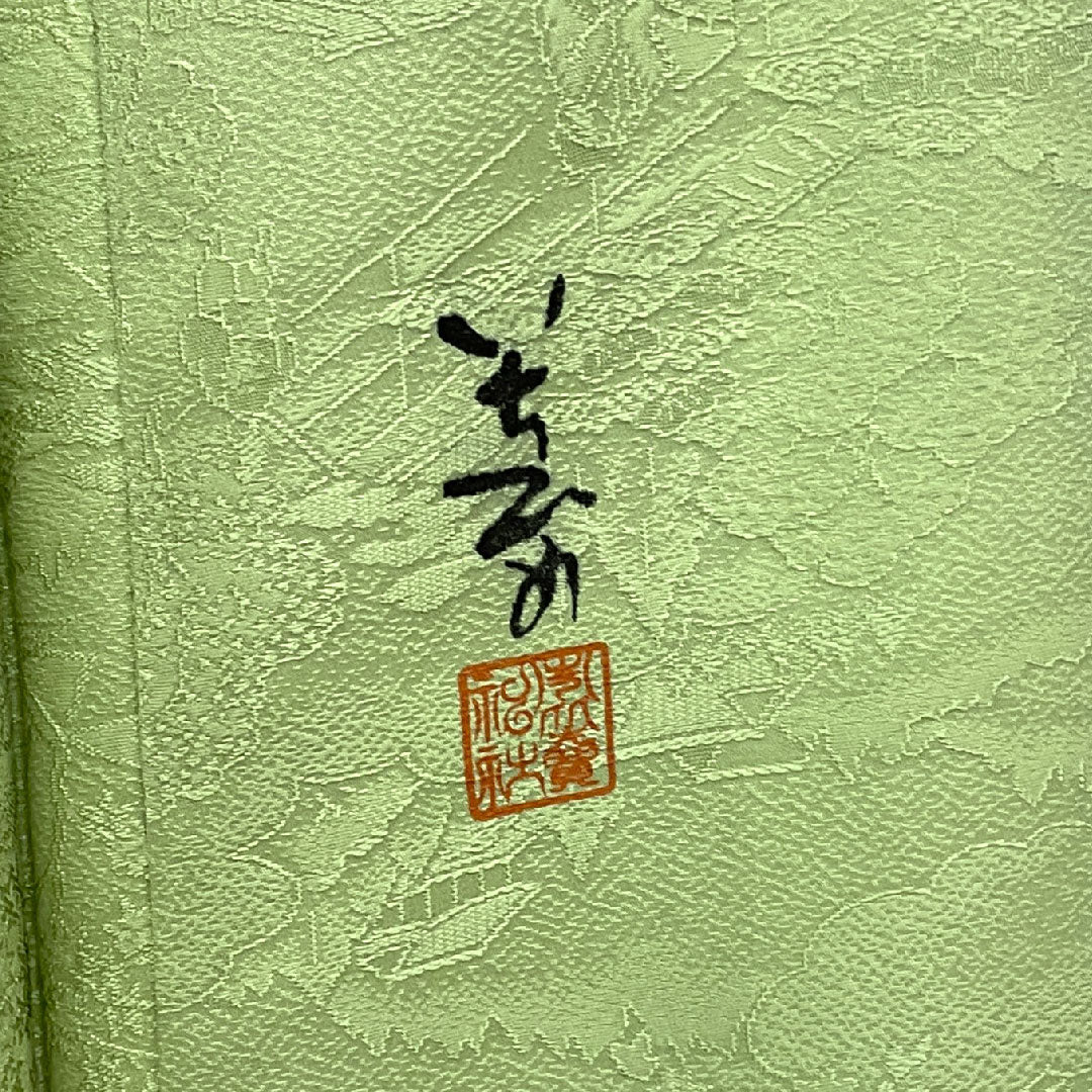 色無地 寿光織 時代人物風景模様 剣片喰  身丈164cm 裄丈66cm 袷  正絹 Sランク 緑系 1114000292319