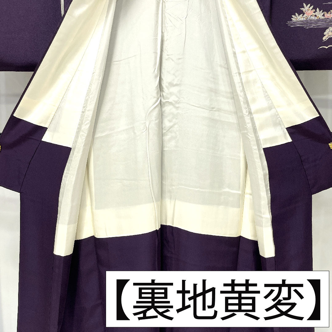 訪問着 正絹 袷 身丈154cm 裄丈62.5cm 茄子紺色（なすこんいろ） 京友禅 ちりめん地 吉祥文様 Aランク 紫系 1112005463220