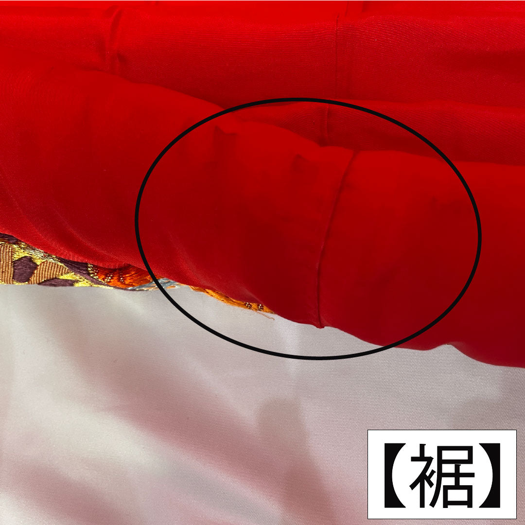 Iro-uchikake (colored kimono) made of pure silk, grade A, length 184cm, sleeve length 60.5cm, Karaori (Chinese weave) with butterfly and floral patterns, lined, vermilion, 1110001003916