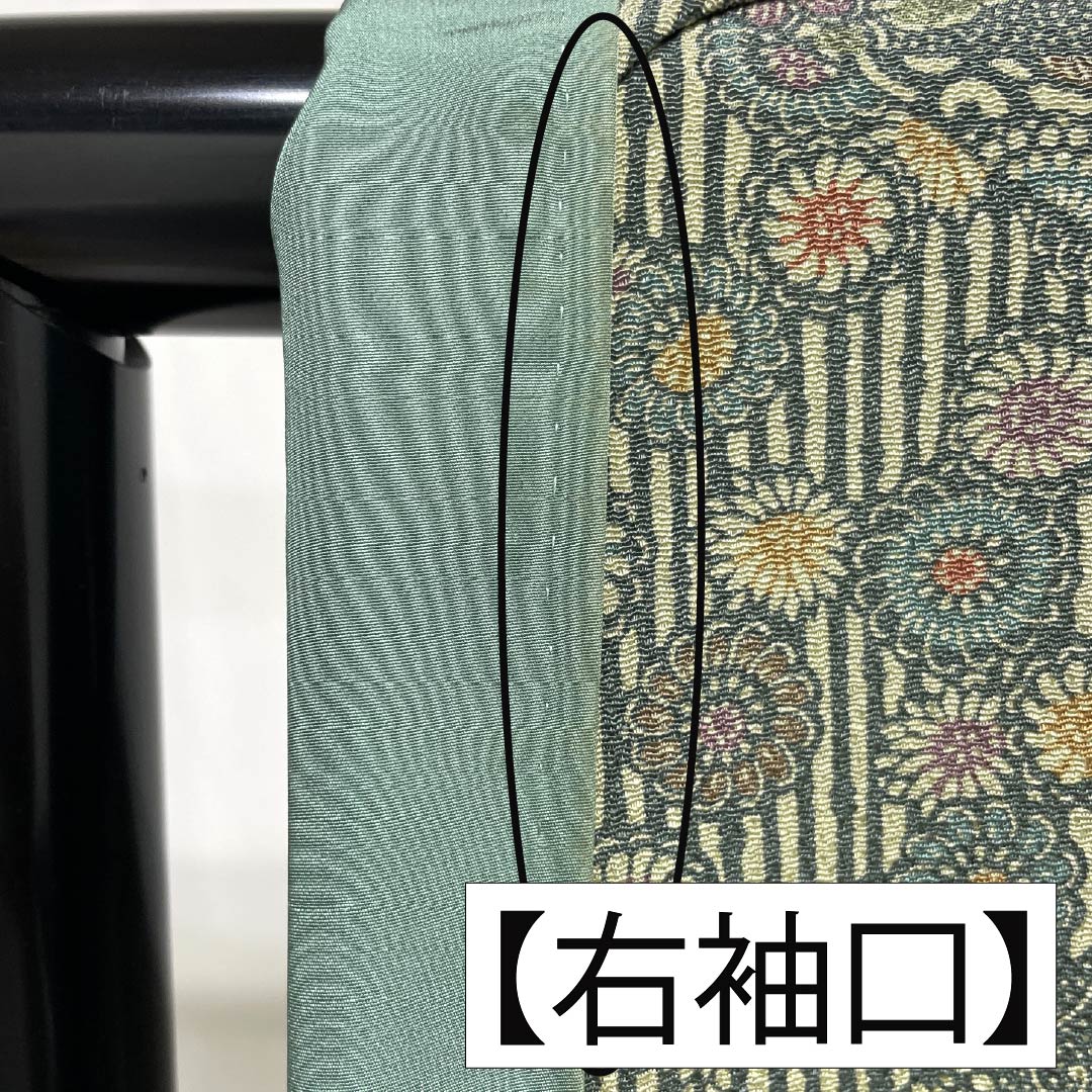 小紋 正絹 Aランク 身丈155.5cm 裄丈64cm 袷 鉄色（てついろ） 江戸小紋 南部幸雄 菊 割付文様 緑系 1115007243319