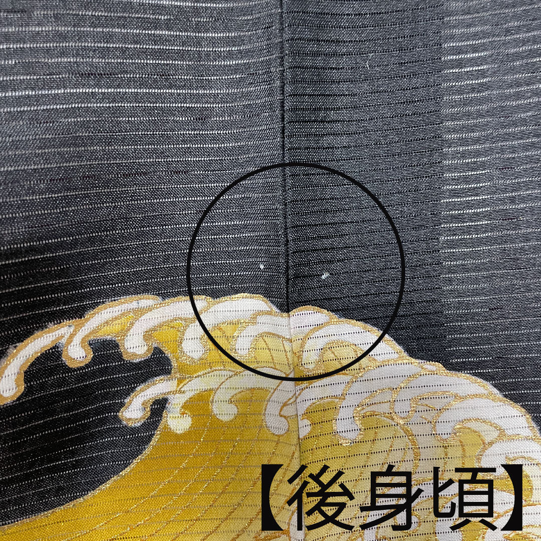 Summer polyester black formal kimono, length 159.5cm, sleeve length 66cm, wave pattern, washable kimono, Gosankiri, silk, B rank, black, 1132001474310
