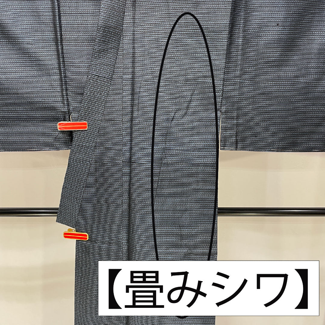 Men's silk S-rank kimono, length 141.5cm, sleeve length 64cm, Oshima Tsumugi with double-patterned horizontal kasuri pattern, basting threads included, lined, navy blue, product number 1119001732418