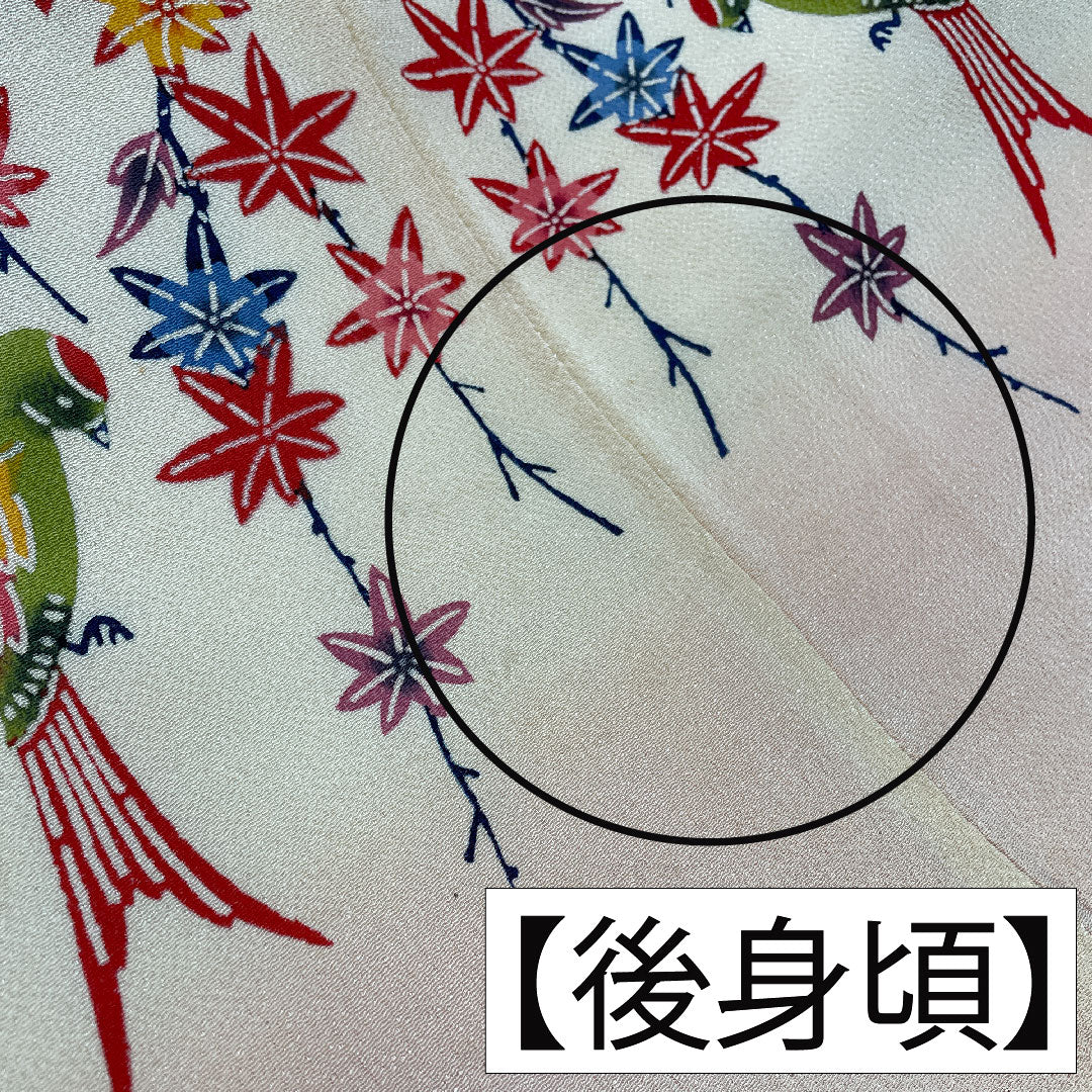 訪問着 正絹 袷 身丈158.5cm 裄丈65cm 密陀僧色（みつだそういろ） 京紅型 紅葉 鳥 Aランク クリーム系 1112005943315