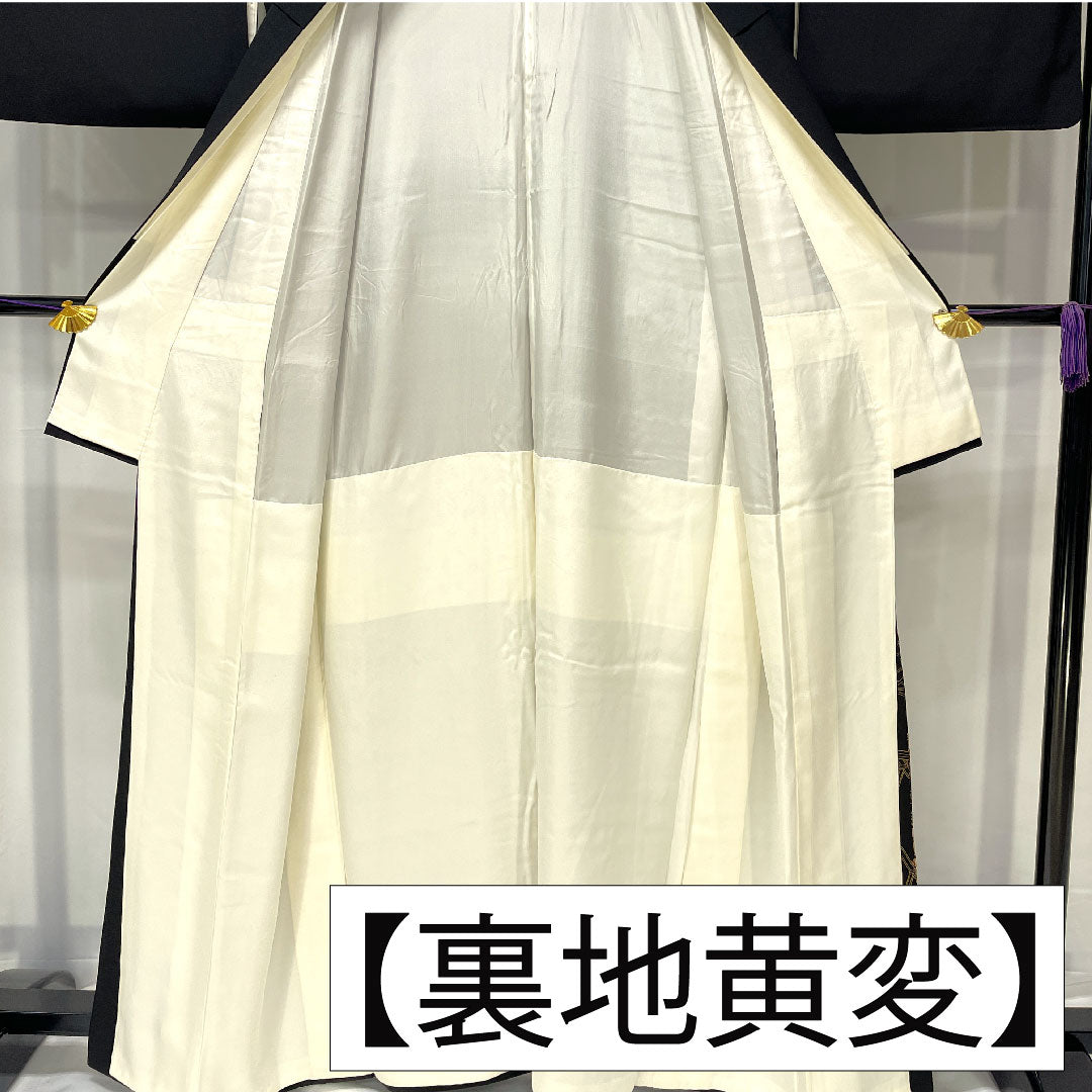 黒留袖 正絹 身丈162cm 裄丈64cm 袷 引箔刺繍 鶴 五つ紋 丸に三つ柏 Bランク 黒系 1111001444410