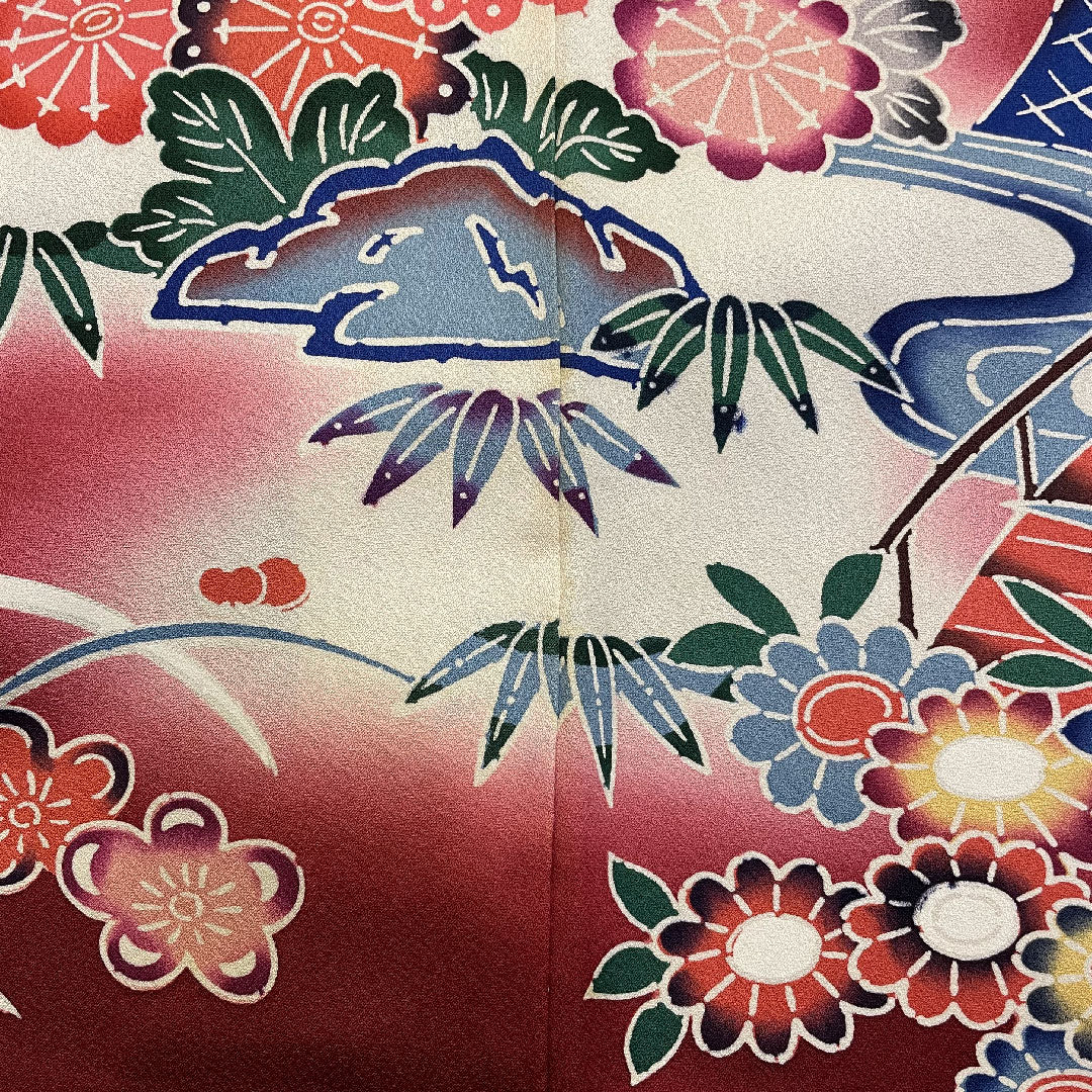 Long-sleeved kimono, length 167cm, sleeve length 66cm, lined, Kyoto Bingata, Chayatsuji pattern, pure silk, A rank, red, 1113000103512