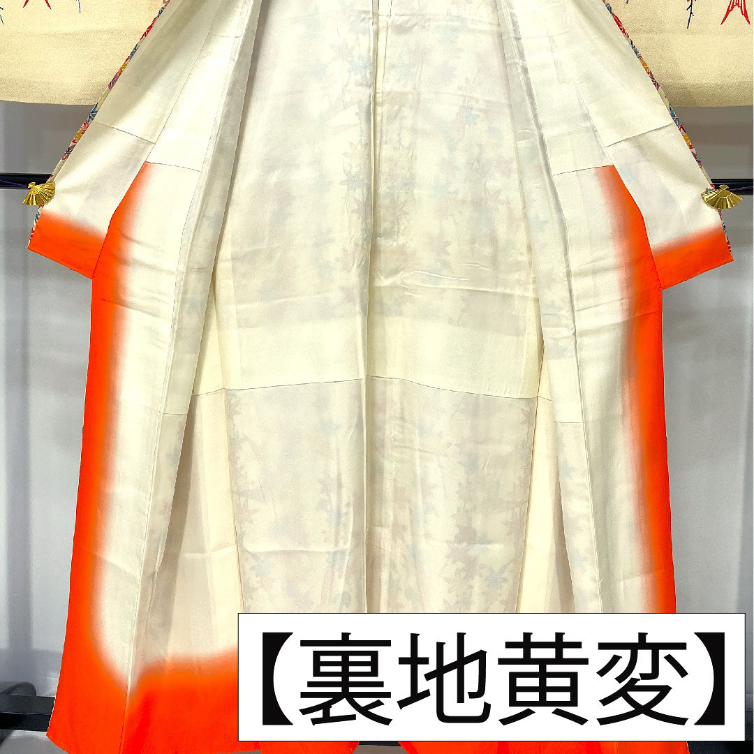 訪問着 正絹 袷 身丈158.5cm 裄丈65cm 密陀僧色（みつだそういろ） 京紅型 紅葉 鳥 Aランク クリーム系 1112005943315